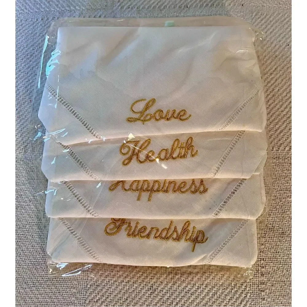 Set of 4 Hemstitched Linen Embroidered Hand Towels/Napkins